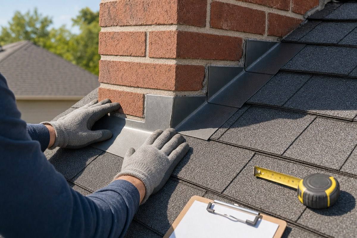 Roof inspection in Lewisville, TX checking step flashing at a chimney with a tape measure and findings sheet