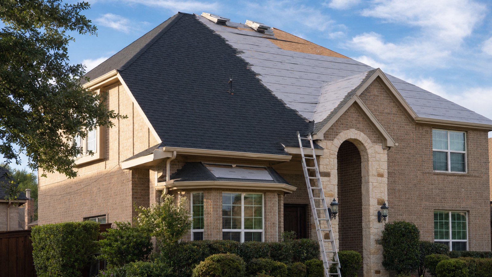Roof replacement in progress on a brick home in Lewisville, TX, half new architectural shingles and half exposed decking