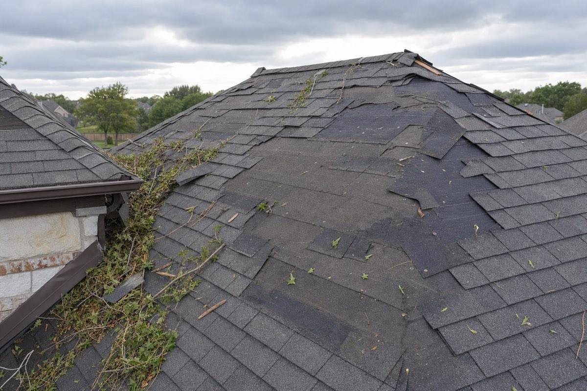 Storm damage on a Lewisville, TX roof with lifted and missing shingles and debris packed into the valley